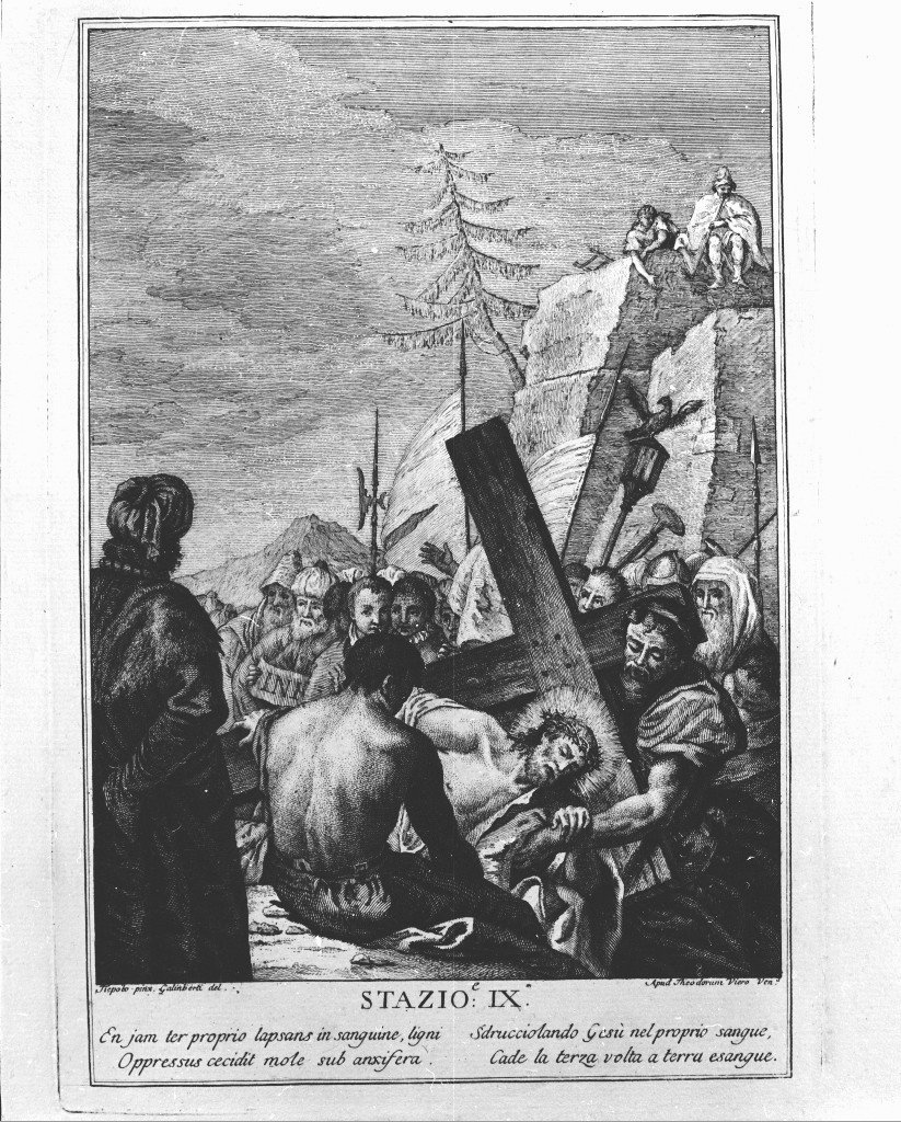 stazione IX: Gesù cade sotto la croce la terza volta (stampa) di Tiepolo Giandomenico (seconda metà sec. XVIII)