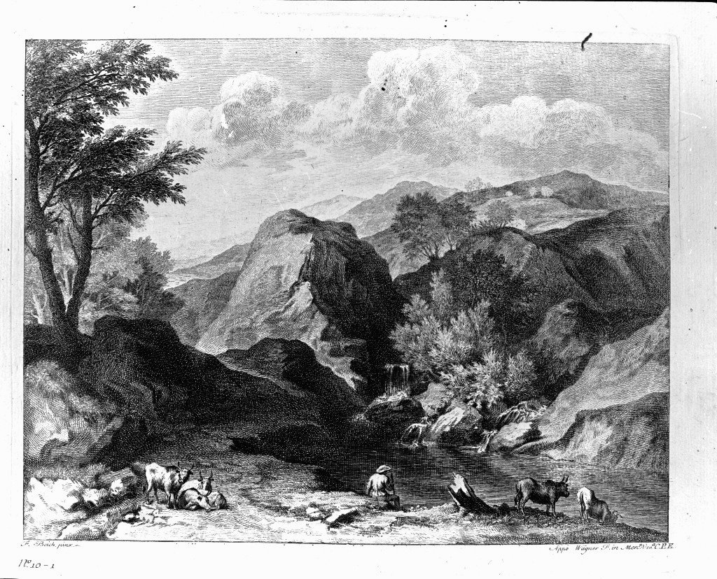 paesaggio fluviale (stampa) di Beich Joachim Franz (sec. XVIII)