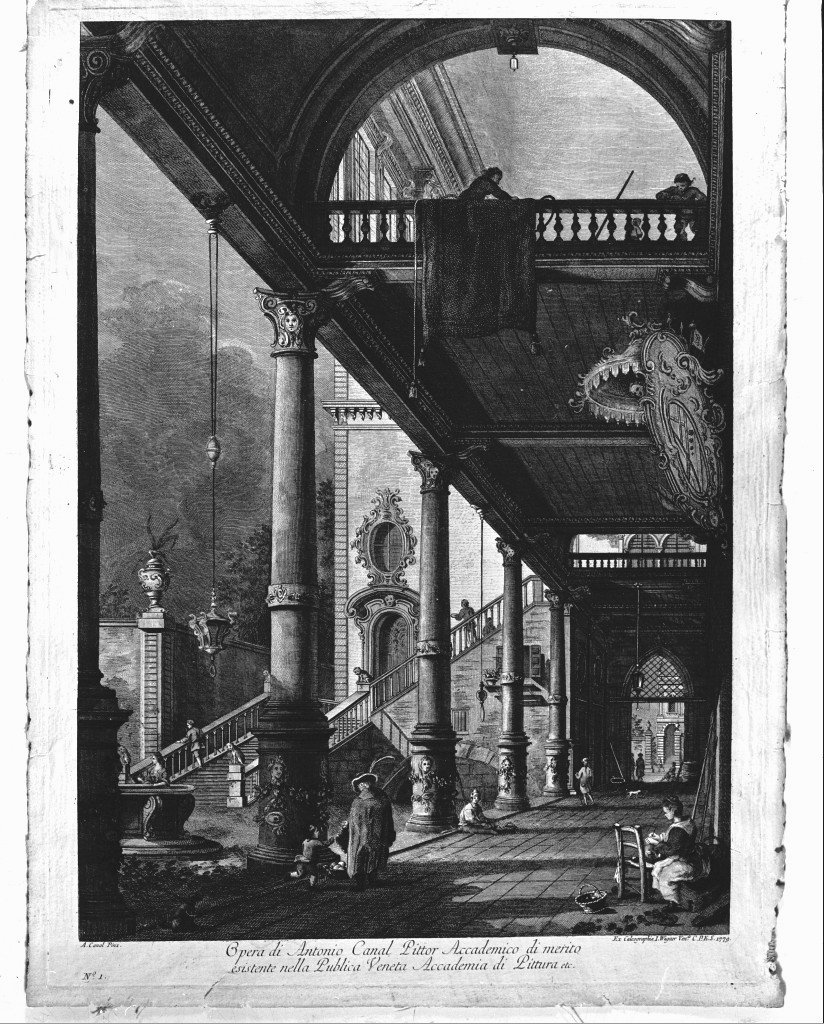 veduta prospettica con palazzo e portico (stampa) di Canal Antonio detto Canaletto (sec. XVIII)