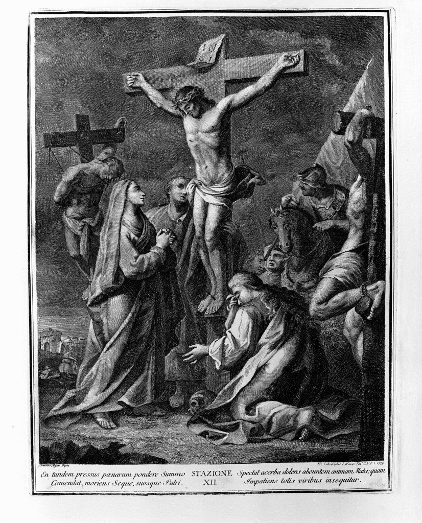 stazione XII: Gesù innalzato e morto in croce (stampa) di Fedeli Domenico detto Maggiotto (sec. XVIII)