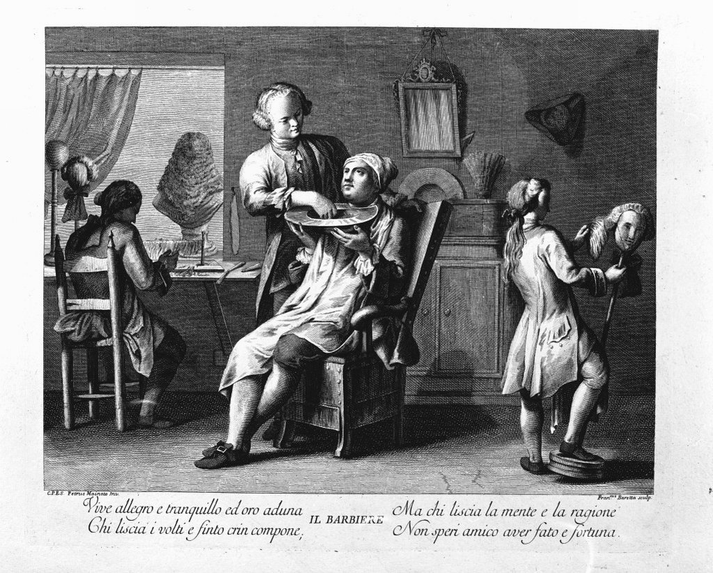 bottega del barbiere (stampa) di Baretta Francesco, Mainotti Pietro (seconda metà sec. XVIII)