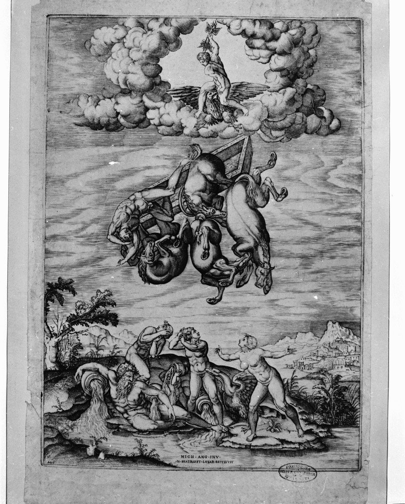 Giove colpisce Fetonte con un fulmine (stampa) di Beatrizet Nicolas, Buonarroti Michelangelo (metà sec. XVI)