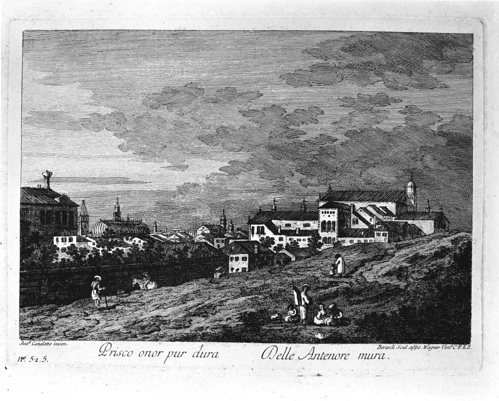veduta di Padova con la chiesa di San Francesco (stampa) di Berardi Fabio, Canal Antonio detto Canaletto (terzo quarto sec. XVIII)