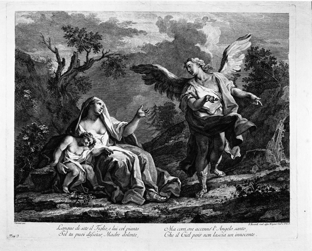 Agar e Ismaele nel deserto confortati dall'angelo (stampa) di Berardi Fabio, Guarana Jacopo (seconda metà sec. XVIII)