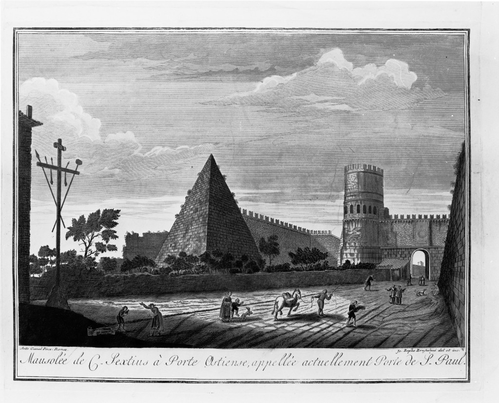 Mausolée de C.. Sextius à Porte Ostiense, paesaggio con architetture (stampa, serie) di Brustolon Giovanni Battista, Canal Antonio detto Canaletto (ultimo quarto sec. XVIII)