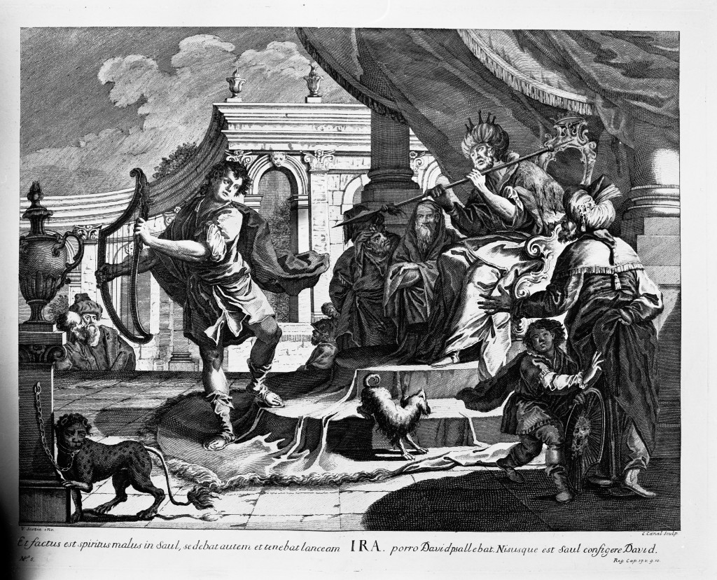 Ira, Saul tenta di colpire David con la lancia (stampa, serie) di Canal Cristoforo, Scoccia Vincenzo (seconda metà sec. XVIII)