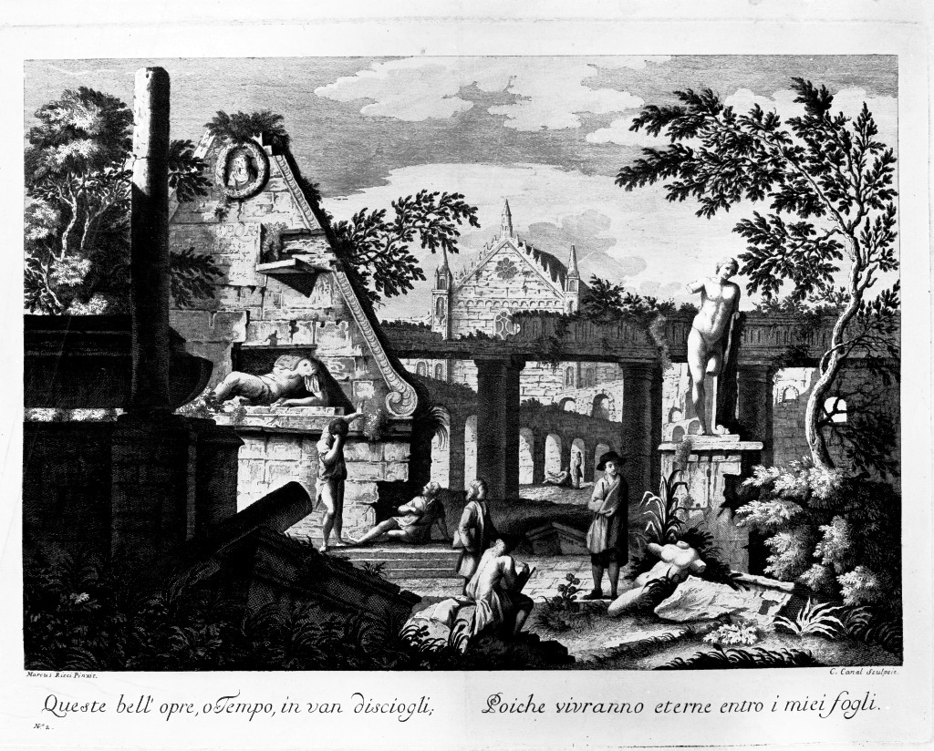 Paesaggio con rovine e chiesa gotica, Paesaggio con rovine (stampa) di Canal Cristoforo, Ricci Marco (seconda metà sec. XVIII)