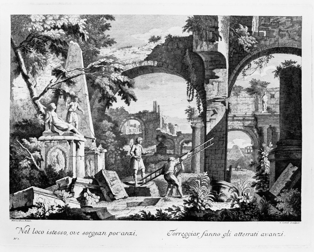 Paesaggio con rovine, Paesaggio con rovine (stampa) di Canal Cristoforo, Ricci Marco (seconda metà sec. XVIII)