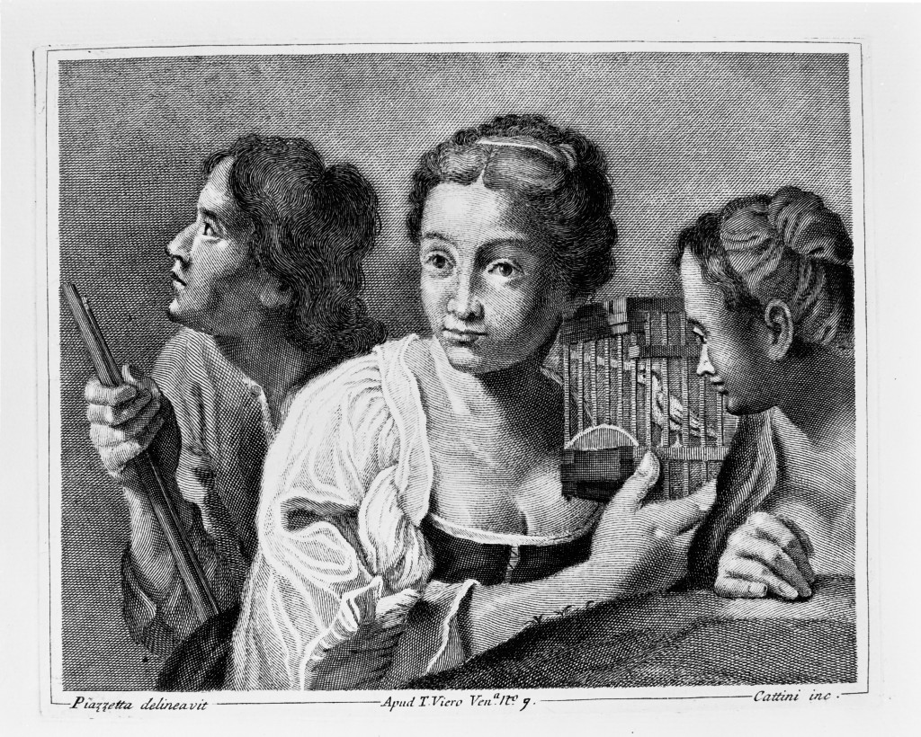 Giovane cacciatore e due fanciulle, ritratto d'uomo (stampa, serie) di Cattini Giovanni, Piazzetta Giovanni Battista (metà sec. XVIII)