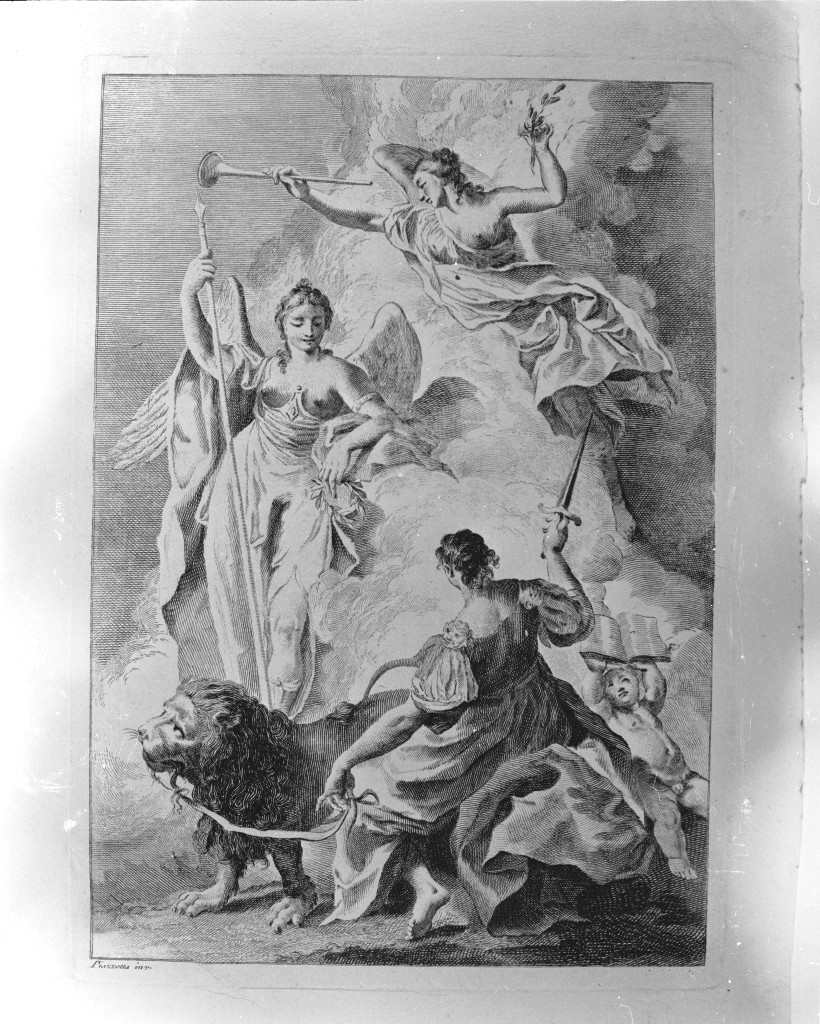Ragione, Fama, Fortezza, figure allegoriche femminili (stampa) di Cattini Giovanni, Piazzetta Giovanni Battista (terzo quarto sec. XVIII)