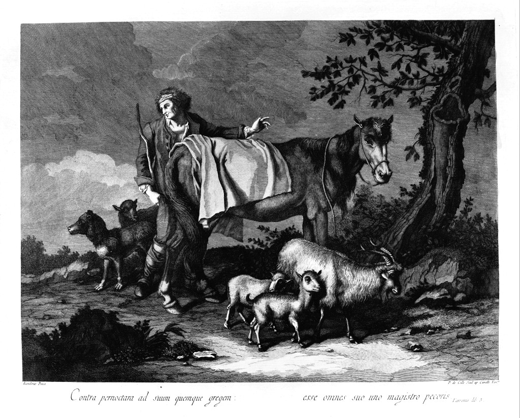 Pastore con cavallo e gregge, scena pastorale (stampa) di Dal Colle Pellegrino, Londonio Francesco (seconda metà sec. XVIII)