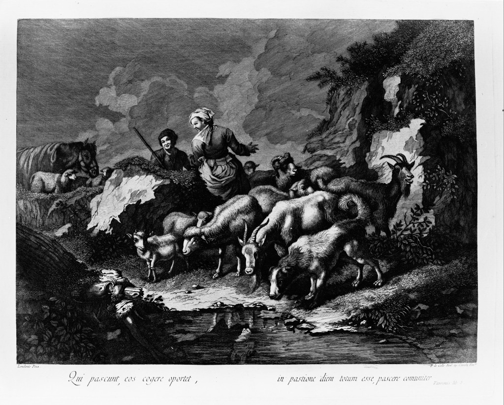 Pastori e gregge presso un ruscello, scena pastorale (stampa) di Dal Colle Pellegrino, Londonio Francesco (seconda metà sec. XVIII)
