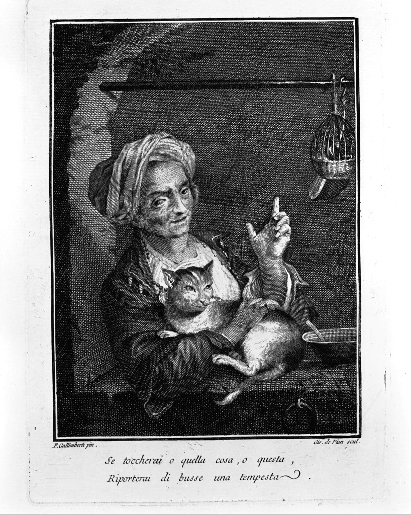 Vecchia con gatto, ritratto di donna (stampa) di Pian Giovanni Maria, Galimberti Francesco (seconda metà sec. XVIII)