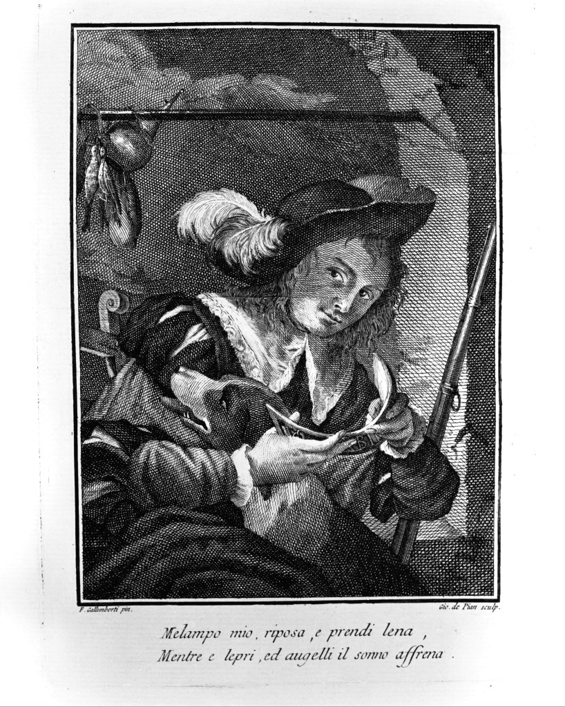 Cacciatore con cane, ritratto d'uomo (stampa) di Pian Giovanni Maria, Galimberti Francesco (seconda metà sec. XVIII)