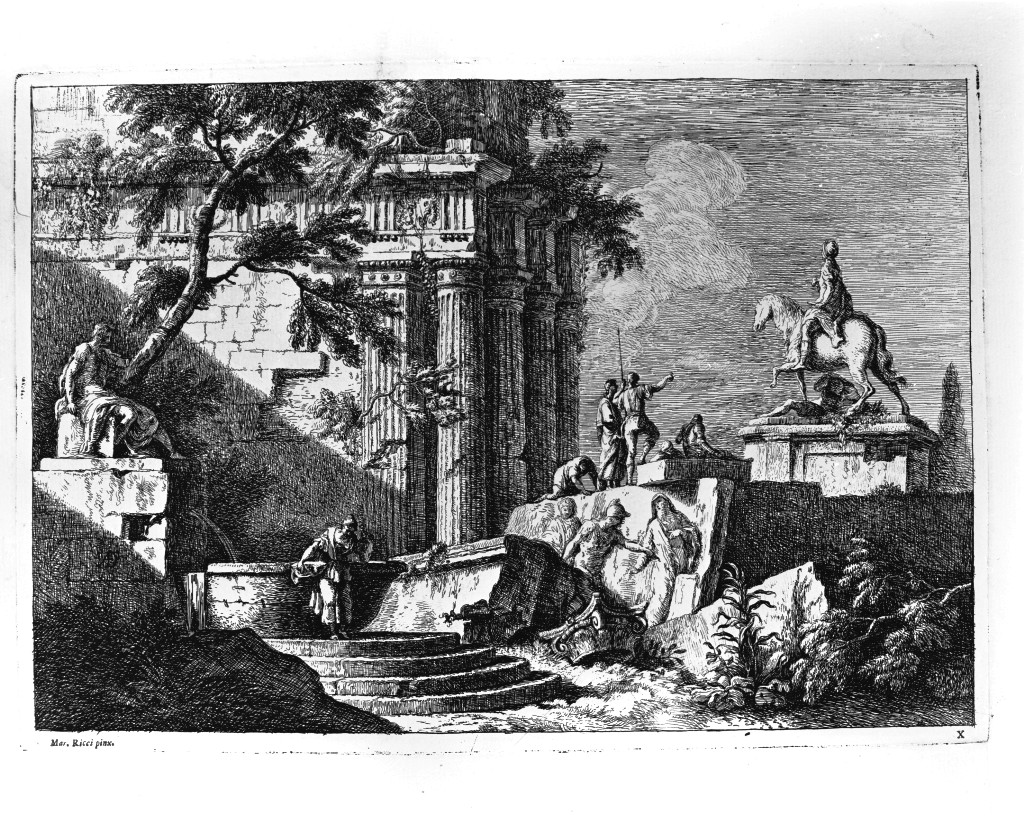 Rovine classiche con monumento equestre, Paesaggio con rovine (stampa, serie) di Fossati Davide Antonio, Ricci Marco (sec. XVIII)