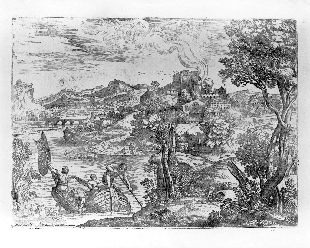 Paesaggio con suonatore di liuto, paesaggio fluviale (stampa) di Grimaldi Giovan Francesco detto Bolognese (sec. XVII)