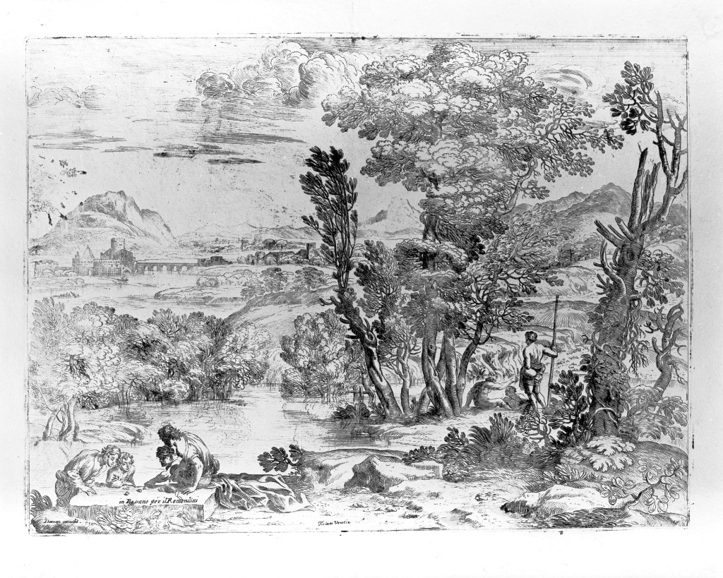 Paesaggio con quattro giocatori di dadi, paesaggio (stampa) di Grimaldi Giovan Francesco detto Bolognese (sec. XVII)
