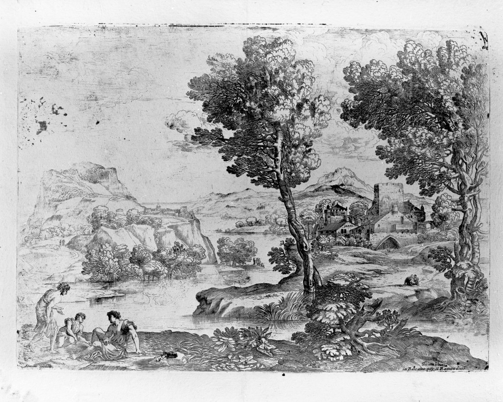 Paesaggio con uomo in piedi vicino ad altri due seduti, paesaggio (stampa) di Grimaldi Giovan Francesco detto Bolognese (sec. XVII)