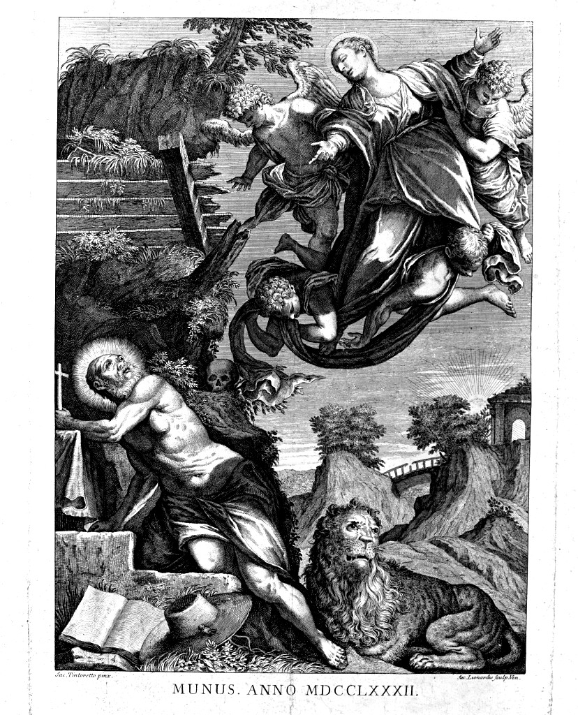 Apparizione della Madonna a San Girolamo, apparizione della Madonna a San Girolamo (stampa) di Leonardis Giacomo, Robusti Jacopo detto Tintoretto (sec. XVIII)