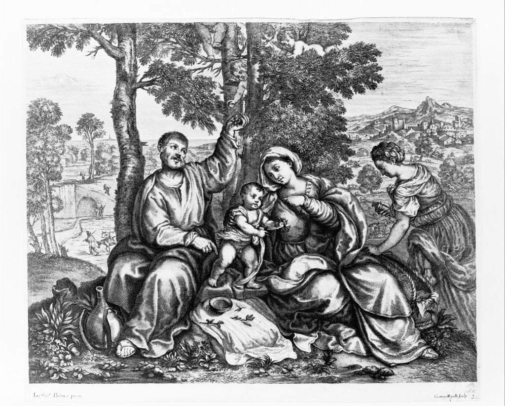 Sacra Famiglia e santa, Sacra Famiglia (stampa, serie) di Mogalli Cosimo, Negretti Jacopo detto Palma il Vecchio (fine/inizio secc. XVII/ XVIII)