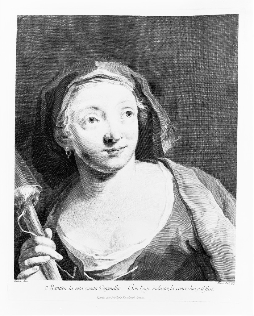 Fanciulla con conocchia, ritratto di donna (stampa) di Pelli Marco, Fedeli Domenico detto Maggiotto (sec. XVIII)