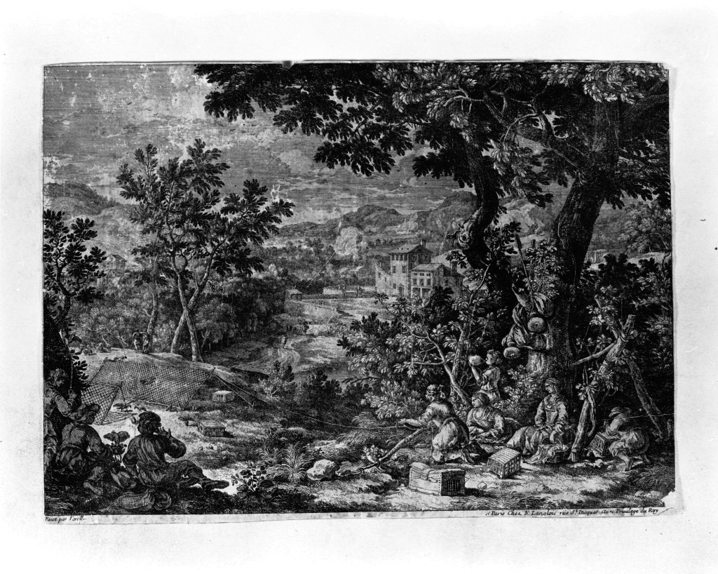 Caccia agli uccelli, scena di caccia (stampa) - ambito francese (sec. XVII)