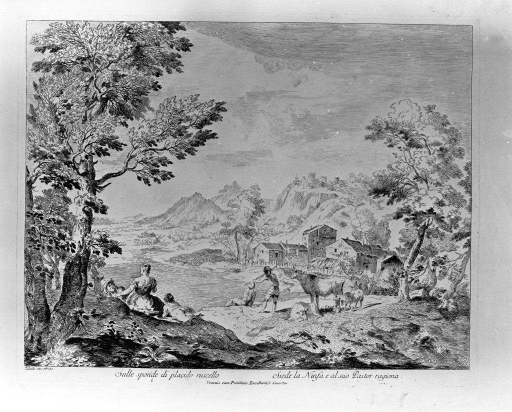 scena pastorale (stampa, elemento d'insieme) di Zilotti Bernardo (attribuito) (seconda metà sec. XVIII)
