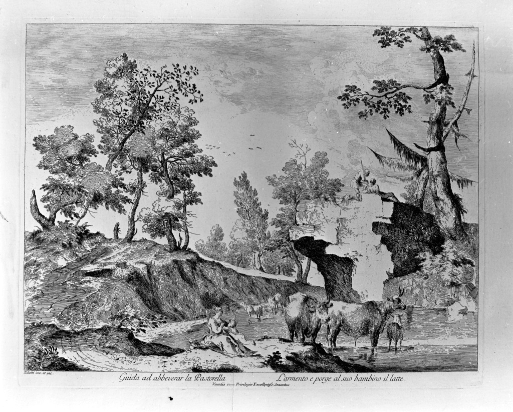 scena pastorale (stampa, elemento d'insieme) di Zilotti Bernardo (attribuito) (seconda metà sec. XVIII)