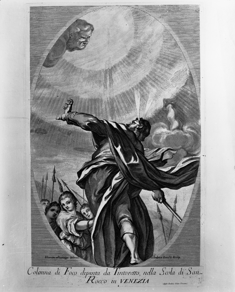 Mosè riceve da Dio le tavole della legge (stampa, elemento d'insieme) di Zucchi Andrea (attribuito), Robusti Jacopo detto Tintoretto (attribuito) (primo quarto sec. XVIII)