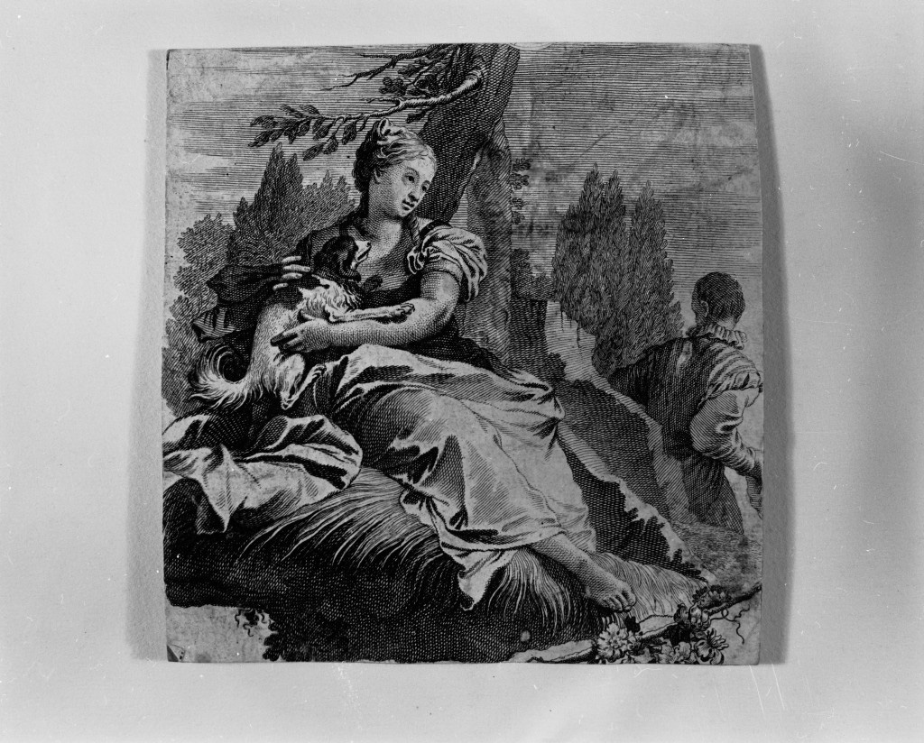 Dorinda che accarezza il cane (stampa) di Zucchi Andrea (attribuito), Tiepolo Giovanni Battista (attribuito) (sec. XVIII)