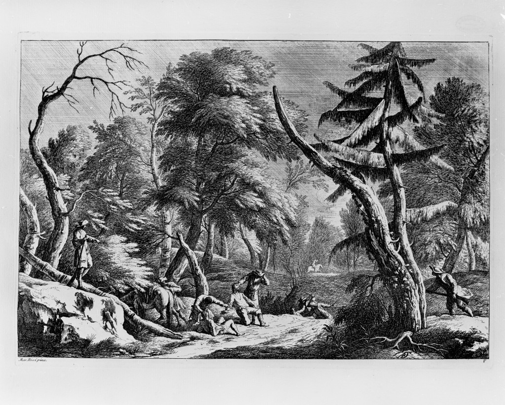 paesaggio con alberi (stampa, elemento d'insieme) di Fossati Davide Antonio (attribuito), Ricci Marco (attribuito) (sec. XVIII)