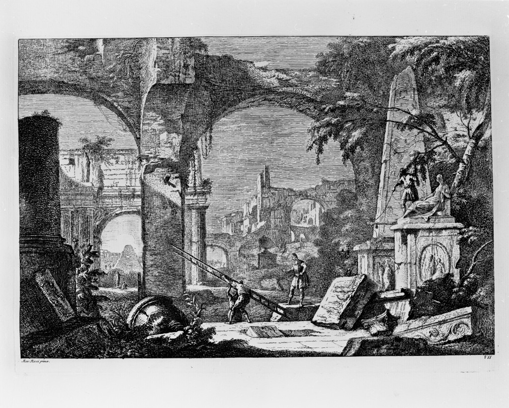 paesaggio con rovine (stampa, elemento d'insieme) di Fossati Davide Antonio (attribuito), Ricci Marco (attribuito) (sec. XVIII)
