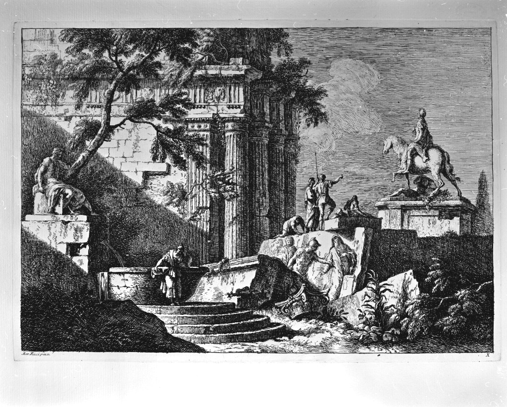 paesaggio con rovine (stampa, elemento d'insieme) di Fossati Davide Antonio (attribuito), Ricci Marco (attribuito) (sec. XVIII)