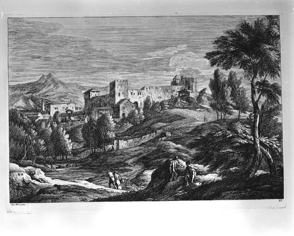 paesaggio con architetture (stampa, elemento d'insieme) di Fossati Davide Antonio (attribuito), Ricci Marco (attribuito) (sec. XVIII)