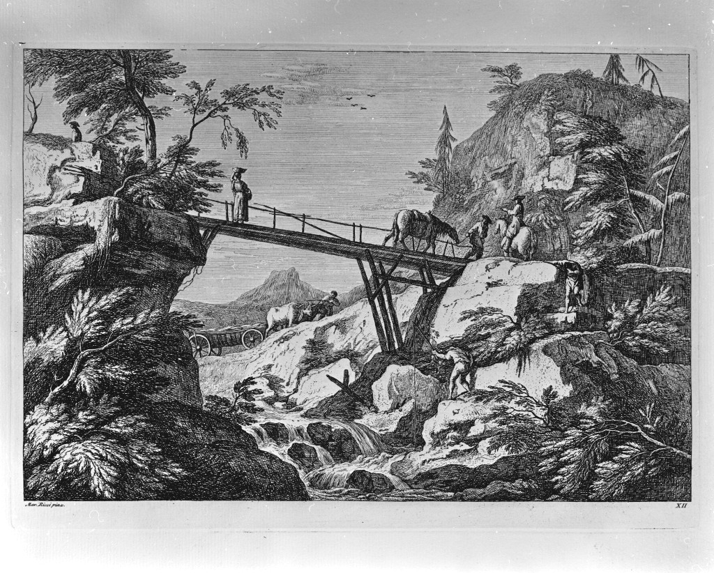 paesaggio con animali (stampa, elemento d'insieme) di Fossati Davide Antonio (attribuito), Ricci Marco (attribuito) (sec. XVIII)