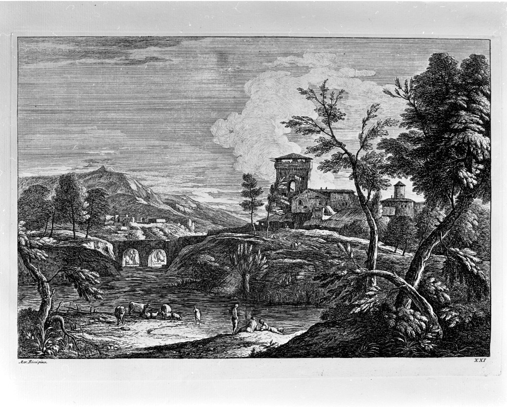 paesaggio fluviale (stampa, elemento d'insieme) di Fossati Davide Antonio (attribuito), Ricci Marco (attribuito) (sec. XVIII)