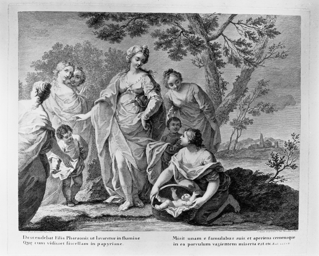 Mosè salvato dalle acque (stampa, elemento d'insieme) di Volpato Giovanni (attribuito), Amigoni Jacopo (attribuito) (sec. XVIII)