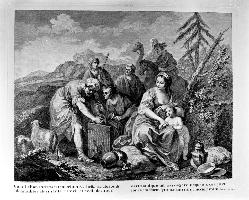 Rachele nasconde gli idoli del padre nella sella del cammello (stampa, elemento d'insieme) di Volpato Giovanni (attribuito), Amigoni Jacopo (attribuito) (sec. XVIII)