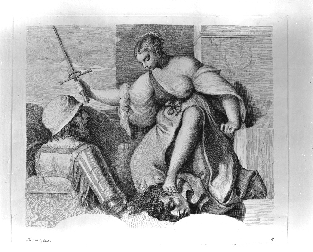Giuditta con la testa di Oloferne e la spada (stampa, elemento d'insieme) di Zanetti Anton Maria (attribuito), Vecellio Tiziano (attribuito) (sec. XVIII)