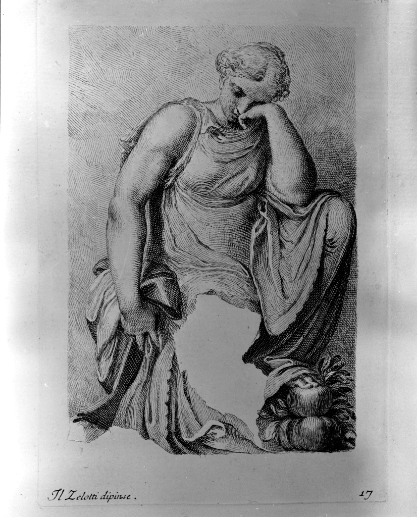 figura femminile seduta (stampa, elemento d'insieme) di Zanetti Anton Maria (attribuito), Zelotti Battista (attribuito) (sec. XVIII)