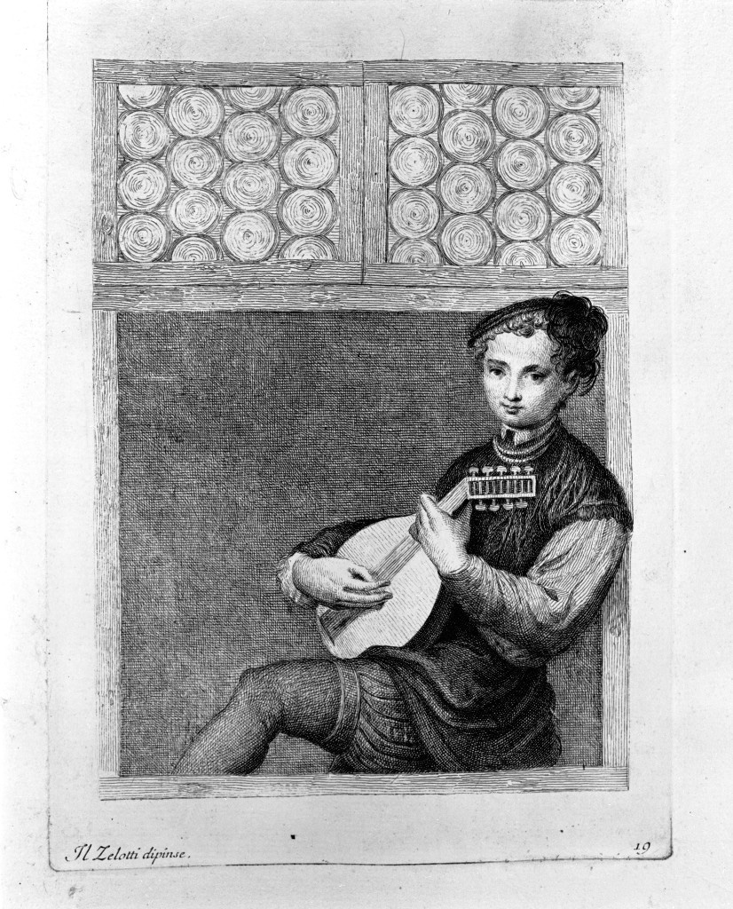 suonatore di liuto (stampa, elemento d'insieme) di Zanetti Anton Maria (attribuito), Zelotti Battista (attribuito) (sec. XVIII)