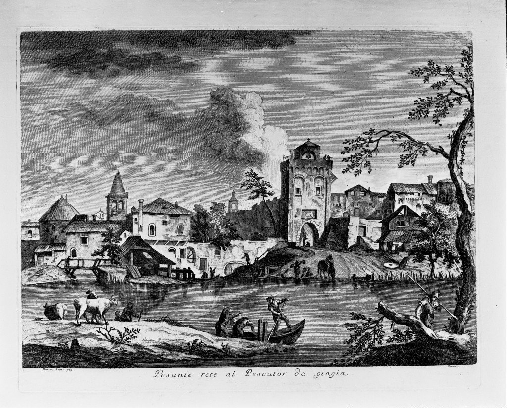 Paesaggio con fiume e città murata, paesaggio (stampa) di Ricci Marco (sec. XVIII)