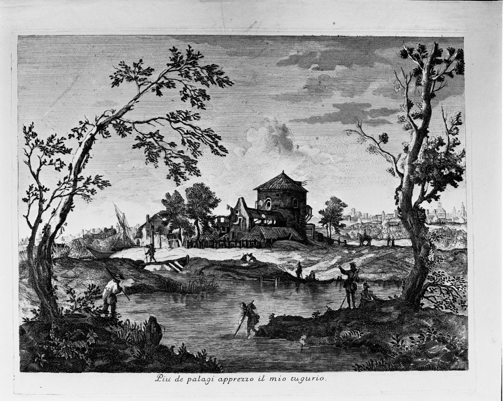 Paesaggio con fiume ed edifici rustici, paesaggio (stampa) di Ricci Marco (sec. XVIII)