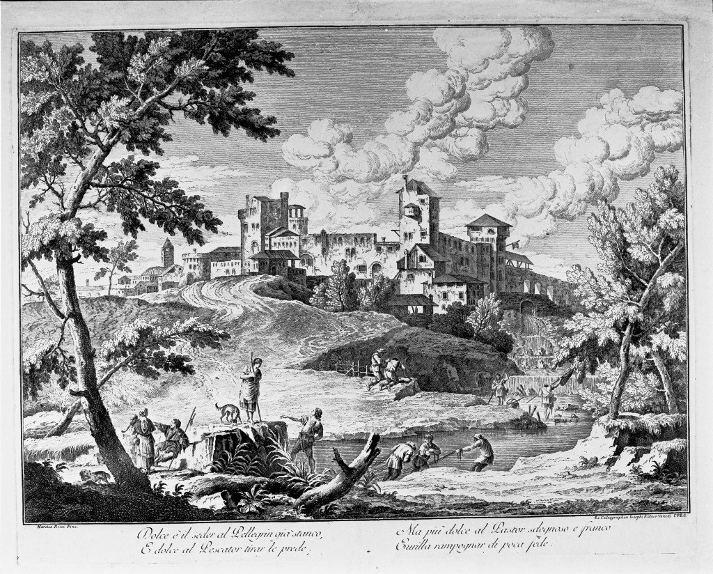 Paesaggio con fiume, pescatori e città murata, paesaggio (stampa) di Ricci Marco (sec. XVIII)