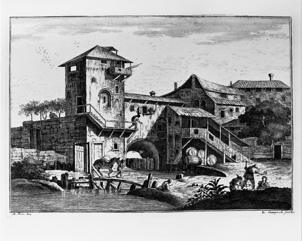 Torre quadrata con ballatoio, paesaggio (stampa, serie) di Ricci Marco (metà sec. XVIII)