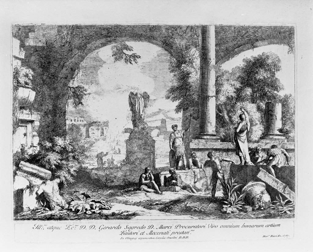 Paesaggio con rovine classiche e statua acefala, paesaggio (stampa, serie) di Ricci Marco (sec. XVIII)