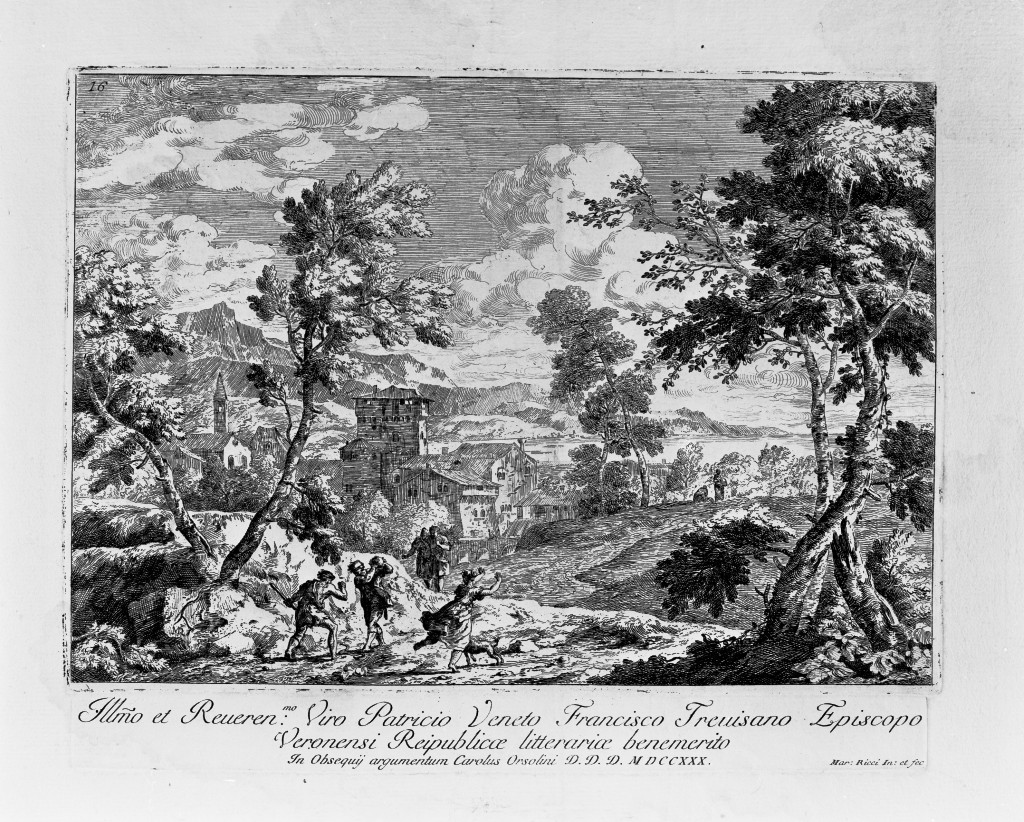 Uccisione della serpe, paesaggio (stampa, serie) di Ricci Marco (sec. XVIII)