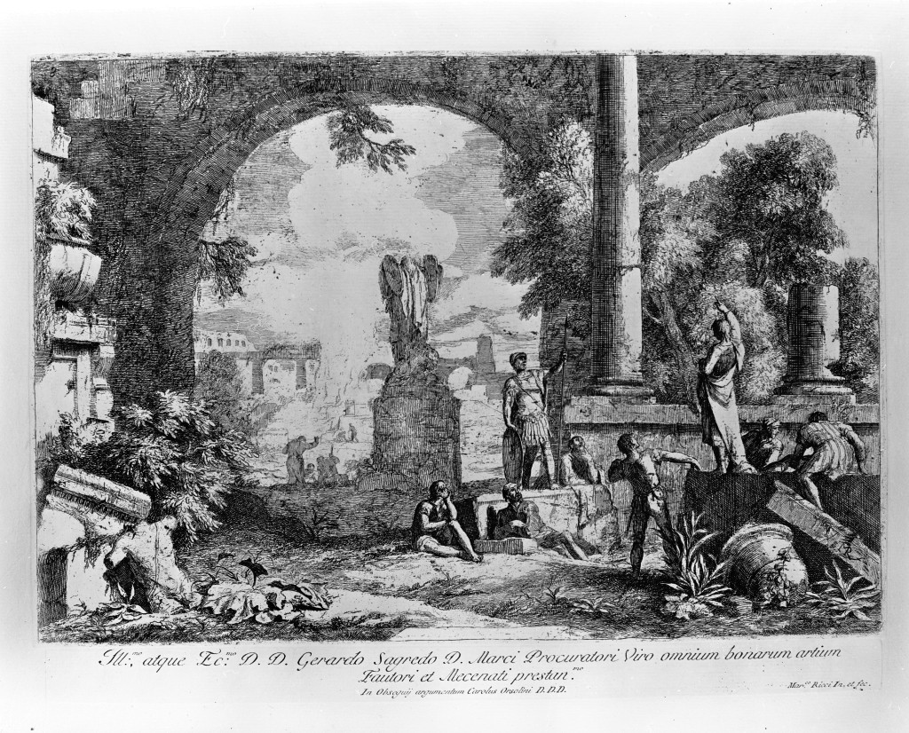 Paesaggio con rovine classiche e statua acefala, paesaggio (stampa, serie) di Ricci Marco (sec. XVIII)