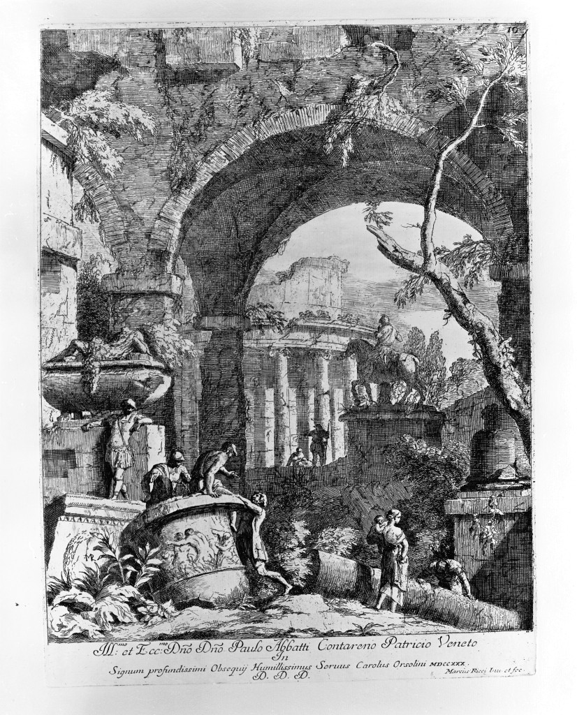 Rovine classiche con statua equestre e tempio rotondo, paesaggio (stampa, serie) di Ricci Marco (sec. XVIII)