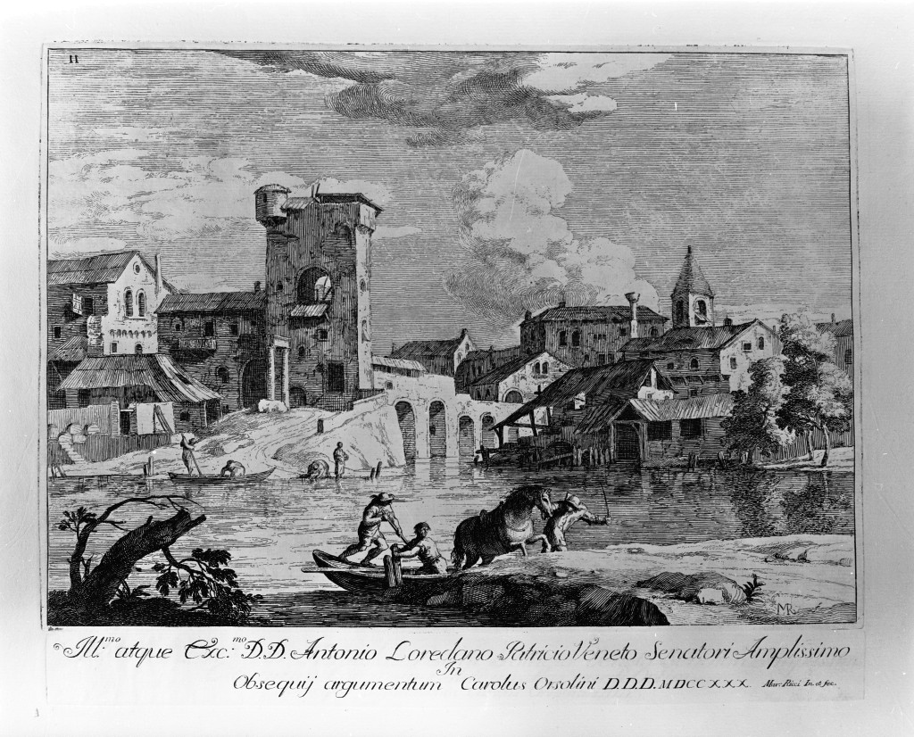 Villaggio con traghetto sul fiume, paesaggio (stampa, serie) di Ricci Marco (sec. XVIII)